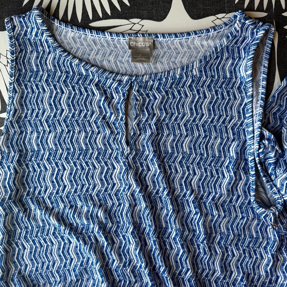 Chico's Dress Size 2/L/ 12 14 Blue White Maxi Chevron Print Tiered Stretchy - Picture 3 of 13